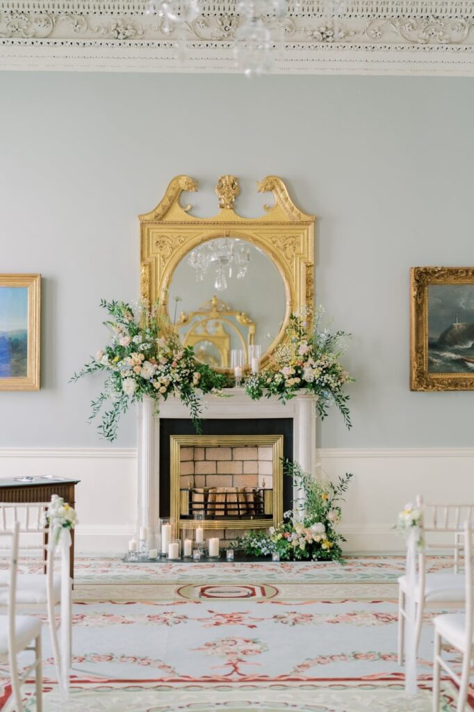 Pastel fireplace wedding flowers at The Merrion Hotel Dublin