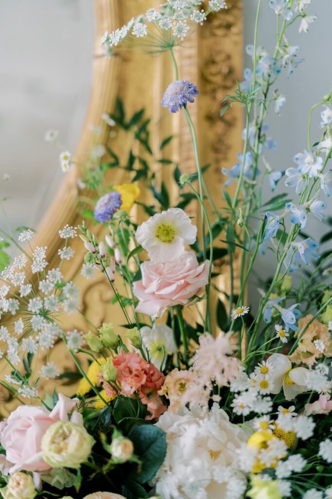 Wild garden-style pastel wedding flowers at The Merrion Hotel Dublin