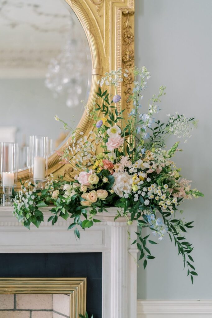 Romantic fireplace flowers and candles at The Merrion Hotel Dublin