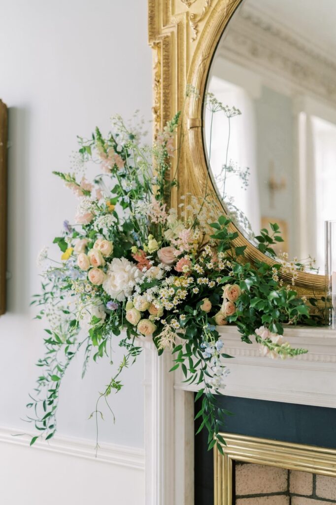 Pastel fireplace wedding flowers at The Merrion Hotel Dublin