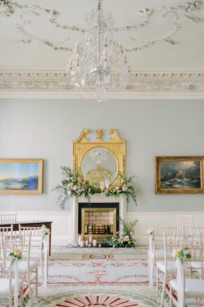 Wedding ceremony at The Merrion Hotel Dublin with pastel flowers